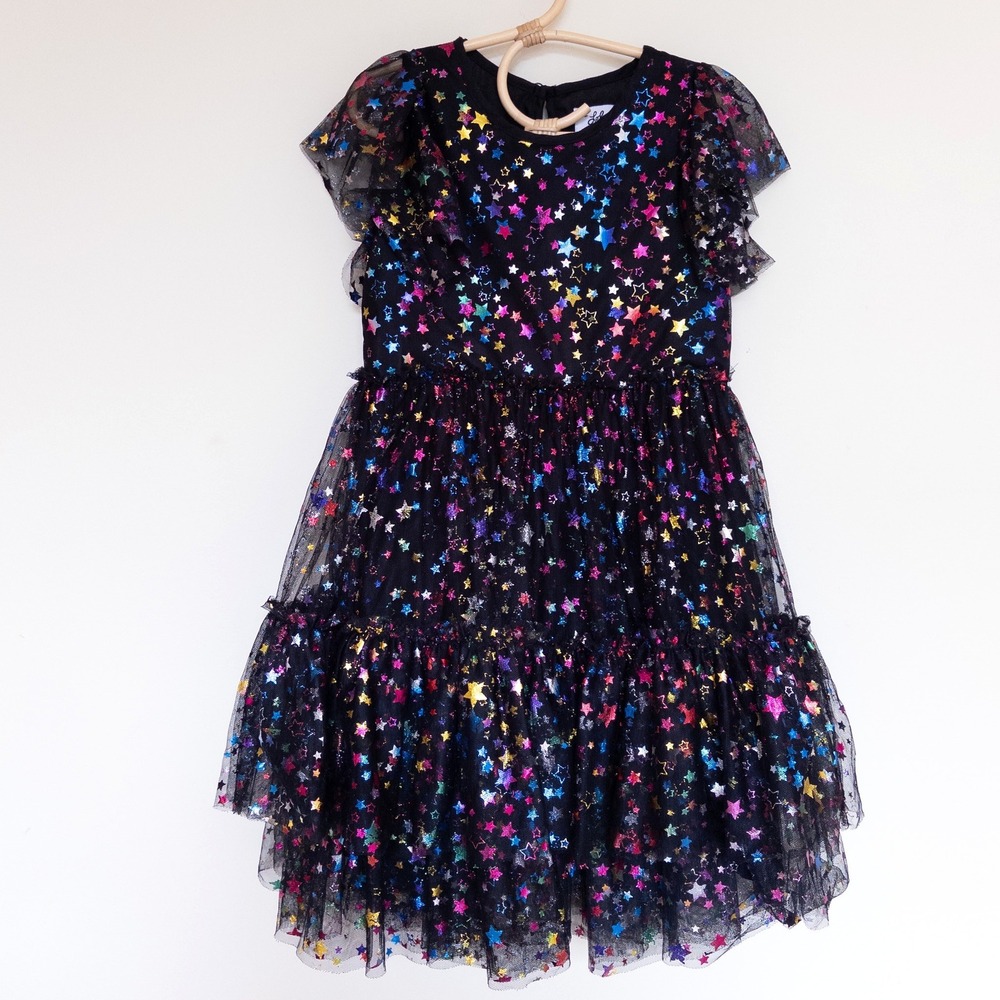 Lola + The Boys Tulle Dress Black Rainbow Metallic Star Tiered Girls Size 8